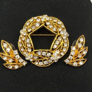 Vintage Signed Eisenberg Ice Rhinestone Golden Leaves Wreath Brooch Earrings Set